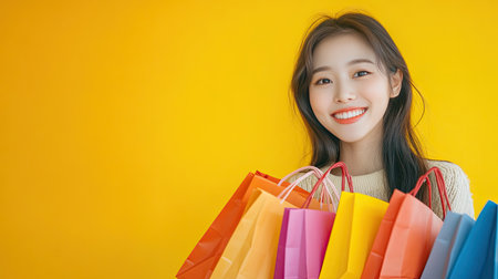 Joyful Asian woman carrying vibrant shopping bags in a mall center, set against a striking yellow studio backdrop.の素材