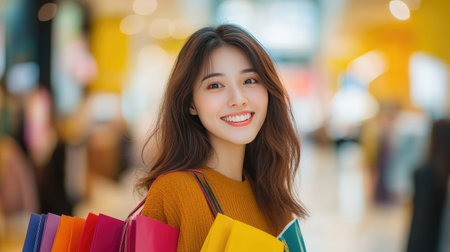 Joyful Asian woman with colorful shopping bags, smiling in a shopping mall center, with a bright yellow background.の素材