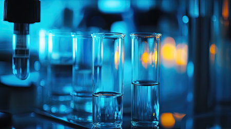 Laboratory equipment including chemical tubes and pharmaceutical instruments. Ideal for biochemistry research technology.の素材