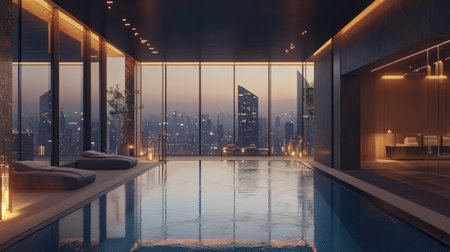 Indoor swimming pool with contemporary design, city buildings visible through large glass panels.の素材