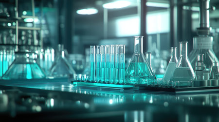 Laboratory scene with a focus on chemical tubes and pharmaceutical research technology. Ideal for biochemistry concepts.の素材