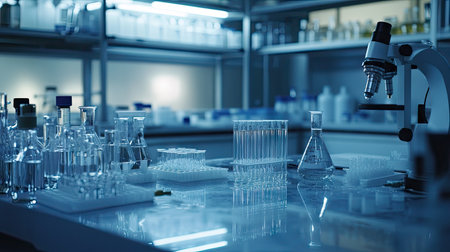 Laboratory setting with empty test tubes and various chemical equipment. Ideal for scientific research imagery.の素材