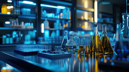 Laboratory setup with chemical tubes and pharmacy equipment. Perfect for biochemistry and research technology themes. -の素材