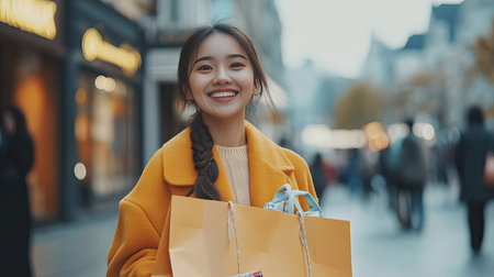 Joyful young Asian woman in the city, holding shopping bags and smiling. Urban backdrop with space for promotional content. -の素材