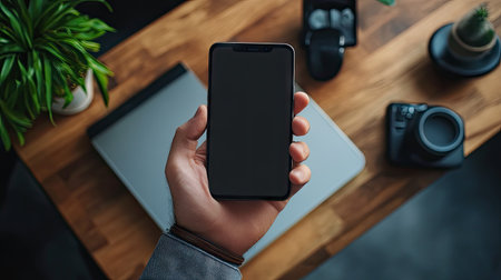 Man hand with a blank screen mobile phone, perfect for ads, on a modern home office desk.の素材