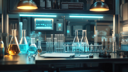 Science laboratory with an array of empty test tubes and chemical equipment. Research-ready environment.の素材