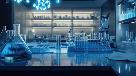 Science lab with empty test tubes and chemical equipment organized for research purposes. Ideal for imagery.の素材