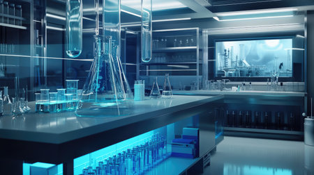 Science laboratory with an array of empty test tubes and chemical equipment. Research-ready environment.の素材