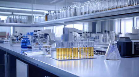 Science lab featuring empty test tubes and an assortment of chemical equipment on a pristine counter. -の素材