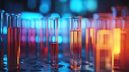Set of chemical tubes in a modern lab, showcasing biochemistry and pharmacy research technology. Ideal for scientific concepts.の素材