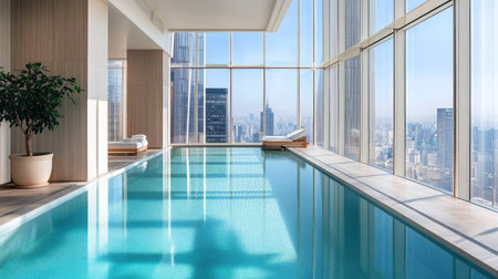 Serene indoor swimming pool with a view of the city through large glass walls.の素材