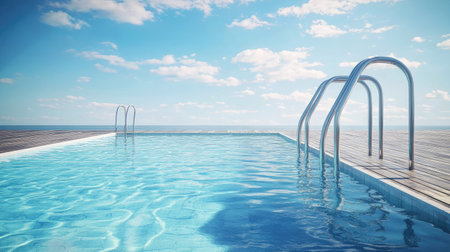 Serene swimming pool with metal stairs and a wooden deck, ideal for relaxationの素材