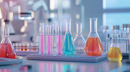 Set of chemical tubes and lab tools in a pharmaceutical research environment. Ideal for biochemistry technology concepts.の素材