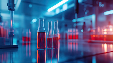 Set of chemical tubes in a modern lab, showcasing biochemistry and pharmacy research technology. Ideal for scientific concepts.の素材