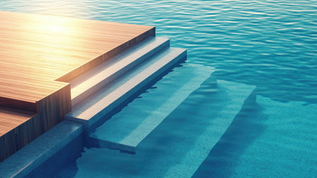 Swimming pool featuring sleek stairs and a wooden deck, with reflections on the water.の素材