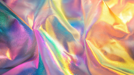 Vibrant collage of trendy iridescent cloth and holographic textures for modern backdrops.の素材