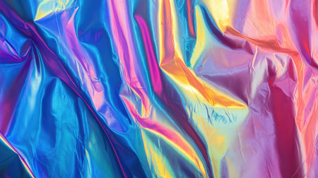 Vibrant collage of trendy iridescent cloth and holographic textures for modern backdrops.の素材