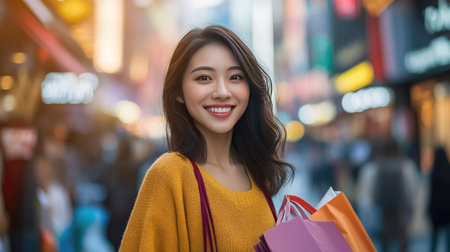 Young Asian woman with shopping bags, smiling in a vibrant city. Background with open space for text or advertisements.の素材