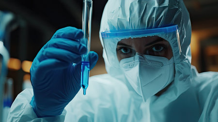 Virus protective clothing-wearing researcher inspecting blue liquid in a test tube. Part of the COVID-19 testing process.の素材