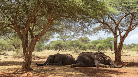 Elephants resting in the shade of acacia trees in Tsavo East, Kenya, capturing their peaceful demeanor in the wild.の素材
