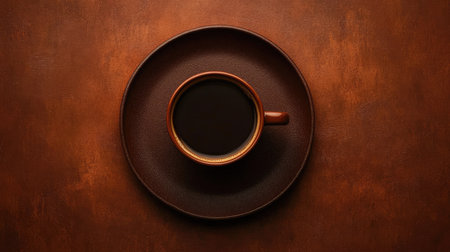 Top-down view of a hot coffee cup on a brown plate, emphasizing the comforting warmth and rich aroma of the beverage.の素材