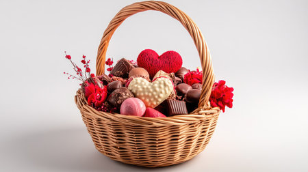 A wicker basket filled with assorted chocolates, a plush heart, and festive red and pink decorations.の素材