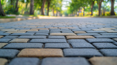 Empty road with stone paver blocks, illustrating the clean and structured pattern of the paving.の素材