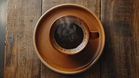 Top-down photo of a hot coffee cup on a brown plate, showcasing the inviting steam and the beverage's rich texture.の素材