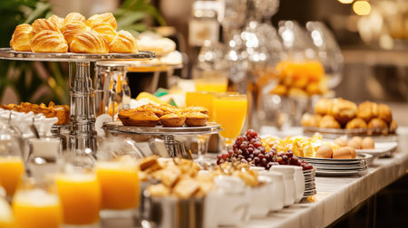 Elegant breakfast table in a luxury hotel buffet: fresh pastries, orange juice, eggs, and a variety of morning delights.の素材