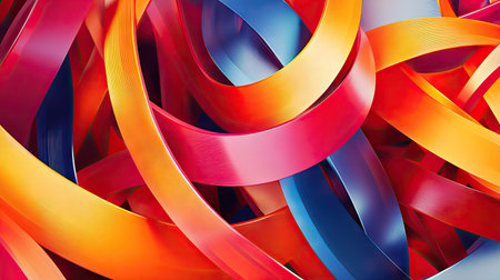 Energetic 3D abstract background with intertwined bright red, orange, and blue ribbons in a dynamic pattern.の素材