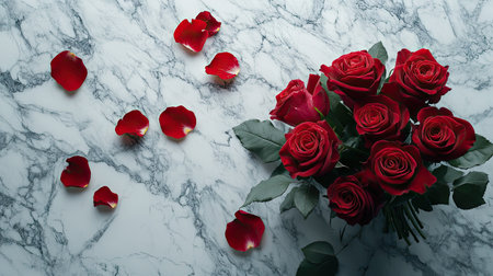 A top-down view of a bouquet of red roses on a marble background, accompanied by scattered petals.の素材