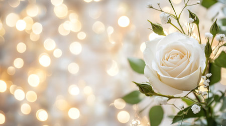 A white rose surrounded by soft bokeh lights in a romantic scene, with clear space for love-related copy.の素材