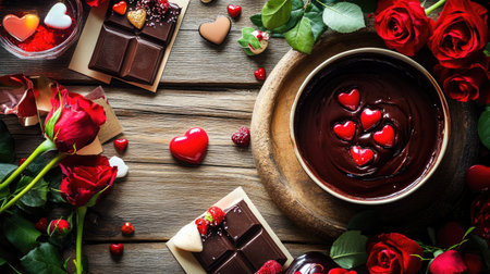Chocolate fondue surrounded by red roses and Valentine's cards on a wooden table.の素材
