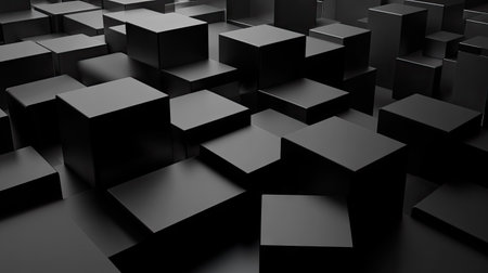 3D rendered geometric blocks creating an abstract pattern on a black background.の素材