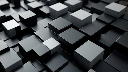 3D geometric blocks arranged in an abstract pattern on a black background.の素材