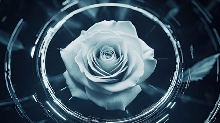 A white rose placed in the center of a circular design, leaving space around it for text or symbols.の素材