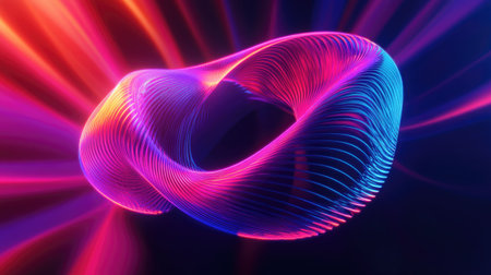 Abstract 3D render of a UV glowing shape with neon curves on a dynamic, colorful background.の素材