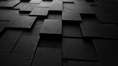 Black background with abstract geometric blocks in 3D render. Contemporary visual.の素材