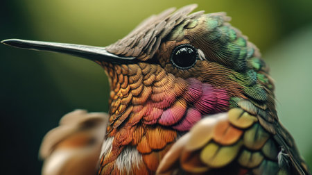 Close-up of a hummingbird perched, showcasing the intricate details of its feathers in Chile natural setting.の素材