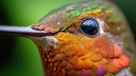 Close-up of a hummingbird beak and feathers as it feeds in the wild, highlighting Chile rich biodiversity.の素材
