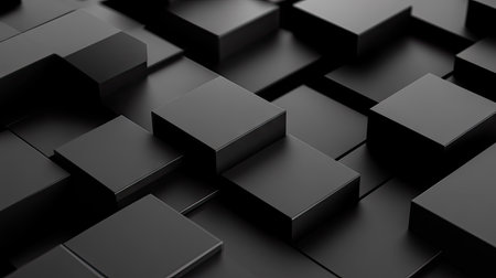 Black background with abstract geometric blocks in 3D render. Contemporary visual.の素材