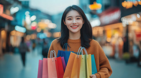 Happy Asian woman with shopping bags outdoors in the city. Smiling face with a background perfect for consumerism visuals.の素材