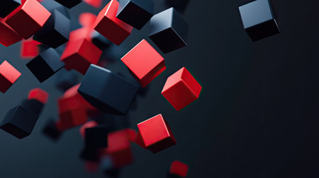 Geometric blocks in 3D render floating on a black background. Abstract and futuristic.の素材