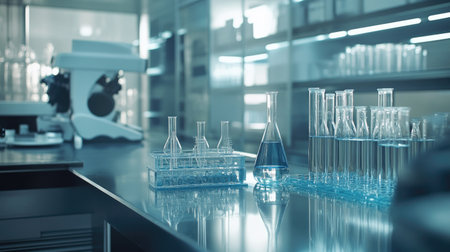 Modern laboratory featuring chemical tubes and biochemistry research tools. Ideal for pharmaceutical and tech imagery.の素材