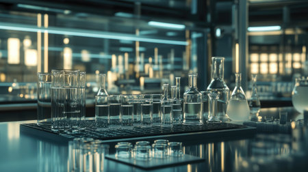 Science laboratory with an array of empty test tubes and chemical equipment. Research-ready environment.の素材