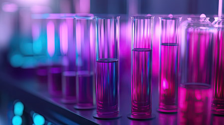 Set of chemical tubes in a lab with a focus on pharmacy and biochemistry research. Perfect for technology concept visuals.の素材