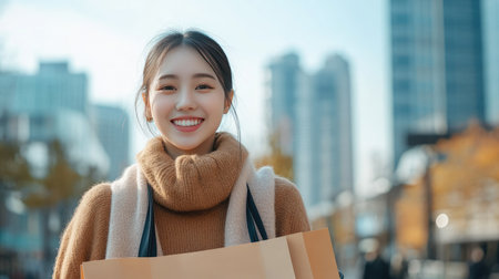 Smiling young Asian woman with shopping bags standing against a city backdrop. Urban background with space for text.の素材
