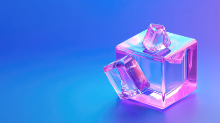 3D holographic cube with crystal blocks in purple color, set against a blue background for a contemporary and striking vector design.の素材