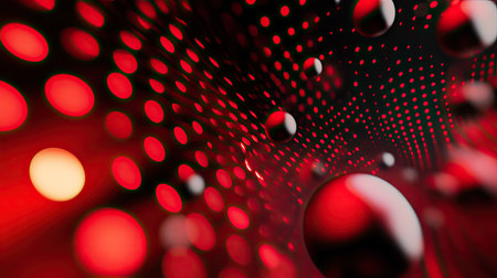 Abstract background with red light circles, geometric bubbles, and gradation lines in red and black, perfect for 3D illustrations and modern wallpaper.の素材