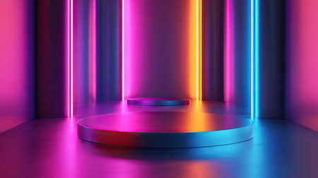 3D render of elegant, shiny shapes in luminous colors on a neon gradient stage, creating a visually striking and modern effect.の素材